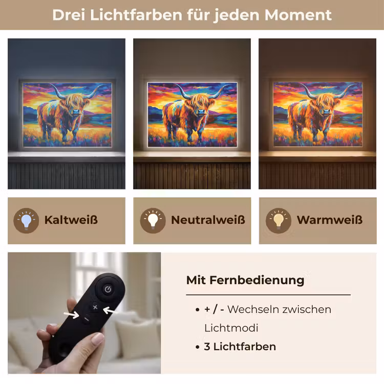 Schotse hooglander - Kunst - Koe - Dieren - Landschap Light Box met batterij (Wandlamp) middel -USP_lichtkleurDE