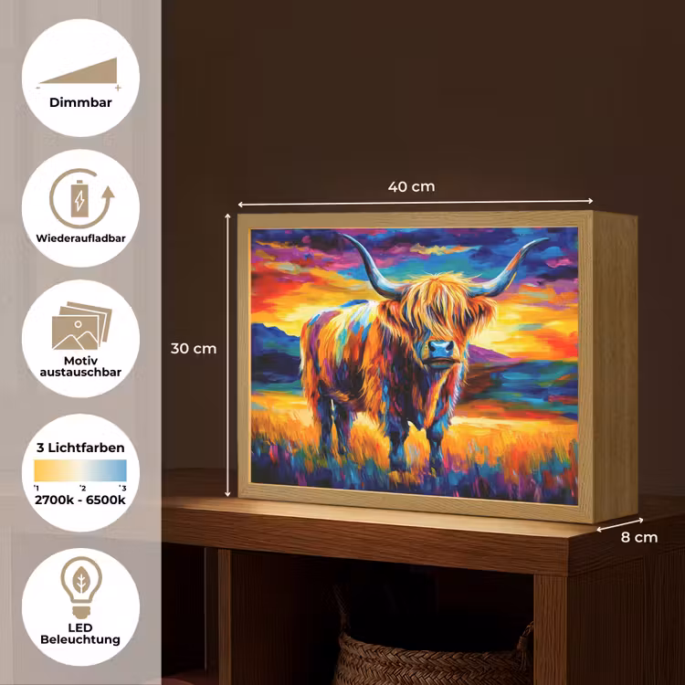 Schotse hooglander - Kunst - Koe - Dieren - Landschap Light Box met batterij (Wandlamp) middel -USP_websiteoverzichtDE