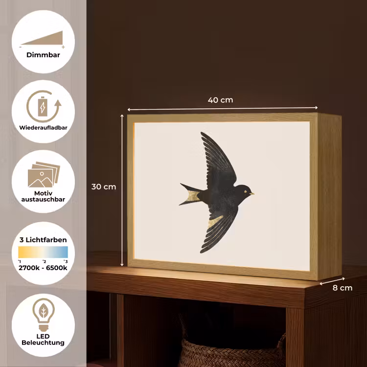 Zwarte zwaluw - Gouden accenten - Lichte achtergrond Light Box met batterij (Wandlamp) middel -USP_websiteoverzichtDE
