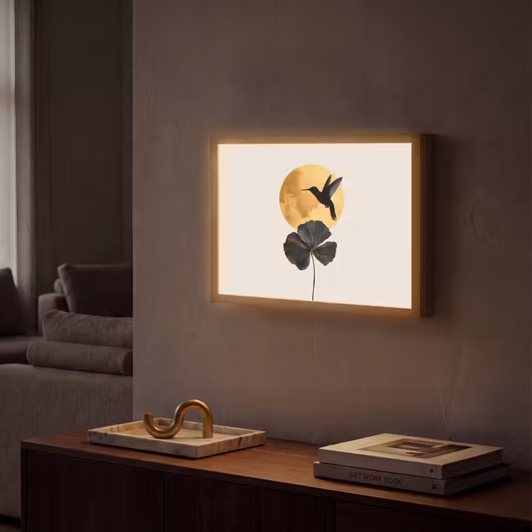 Zwarte kolibrie - Bloem - Gouden cirkel Light Box met batterij (Wandlamp) middel -sfeer1