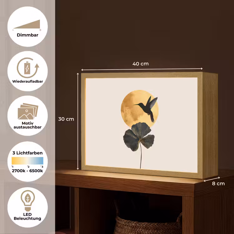 Zwarte kolibrie - Bloem - Gouden cirkel Light Box met batterij (Wandlamp) middel -USP_websiteoverzichtDE