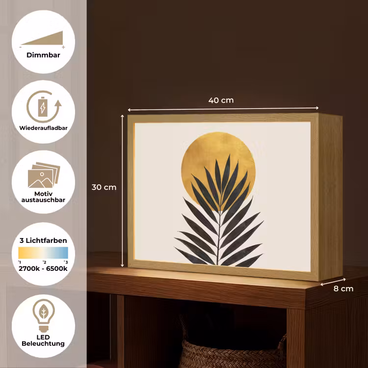 Zwart palmblad - Gouden cirkel - Beige achtergrond Light Box met batterij (Wandlamp) middel -USP_websiteoverzichtDE