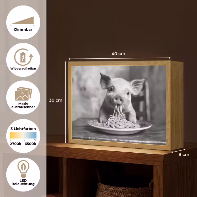 Varken - Schattig - Spaghetti - Zwart wit - Dier Light Box met batterij (Wandlamp) middel -USP_websiteoverzichtDE