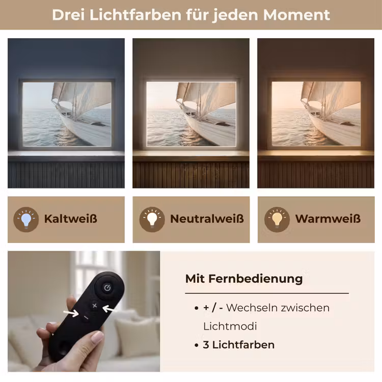 Zeilboot - Zee - Beige - Zon Light Box met batterij (Wandlamp) middel -USP_lichtkleurDE