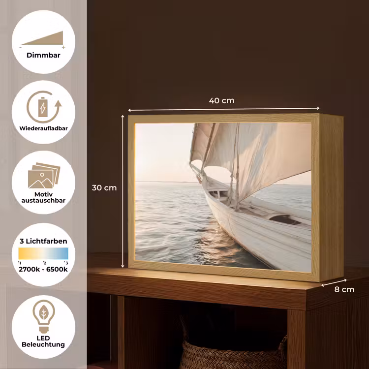 Zeilboot - Zee - Beige - Zon Light Box met batterij (Wandlamp) middel -USP_websiteoverzichtDE