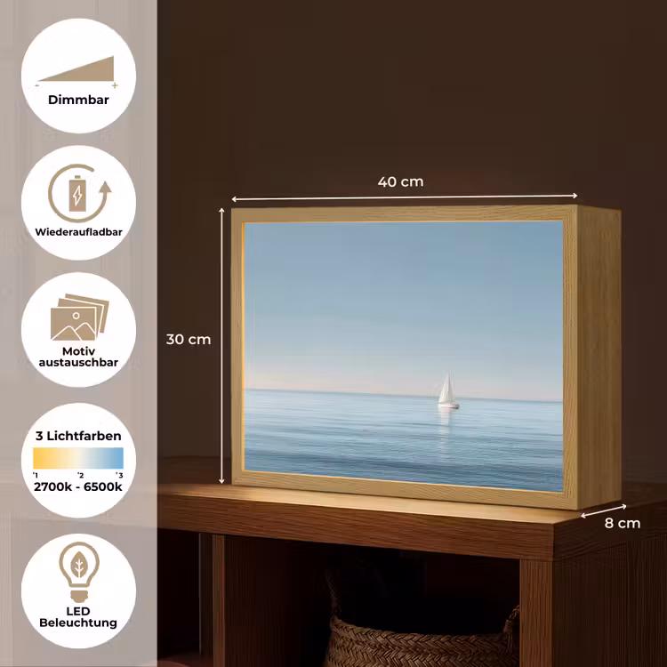 Zeilbootje - Kalme zee - Helderblauwe hemel Light Box met batterij (Wandlamp) middel -USP_websiteoverzichtDE
