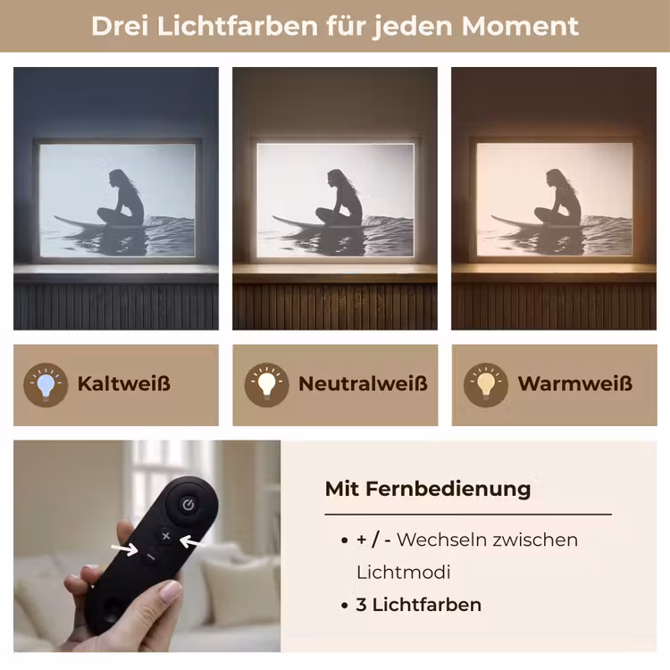 Silhouet - Vrouw - Surfplank - Water Light Box met batterij (Wandlamp) middel -USP_lichtkleurDE