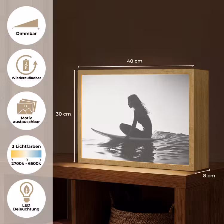 Silhouet - Vrouw - Surfplank - Water Light Box met batterij (Wandlamp) middel -USP_websiteoverzichtDE