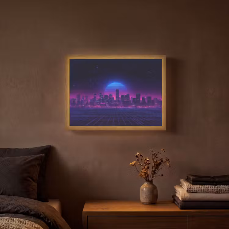 Skyline - Zon - Neon - Rasterpatroon Light Box met batterij (Wandlamp) middel -sfeer4