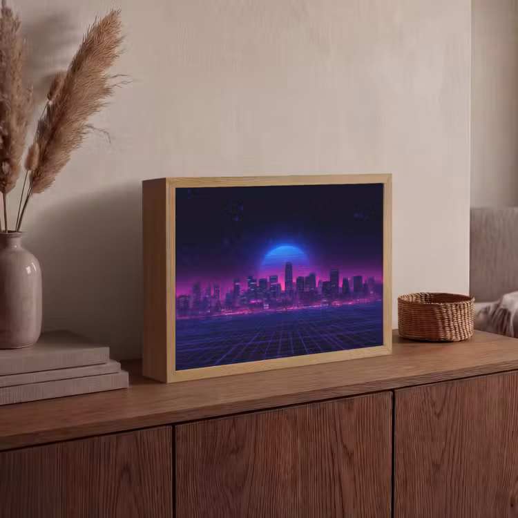 Skyline - Zon - Neon - Rasterpatroon Light Box met batterij (Wandlamp) middel -sfeer2