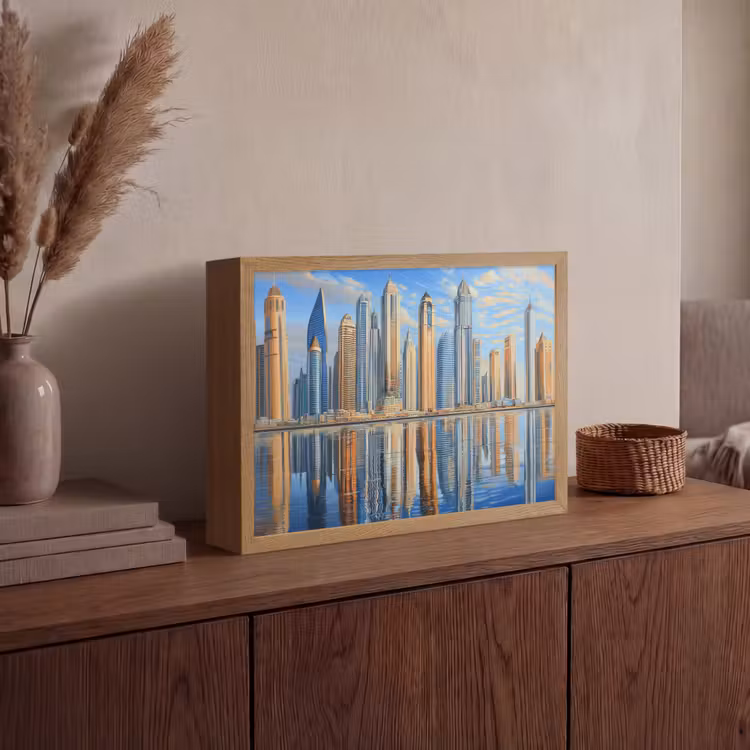 Skyline - Wolkenkrabbers - Water - Blauw Light Box met batterij (Wandlamp) middel -sfeer2