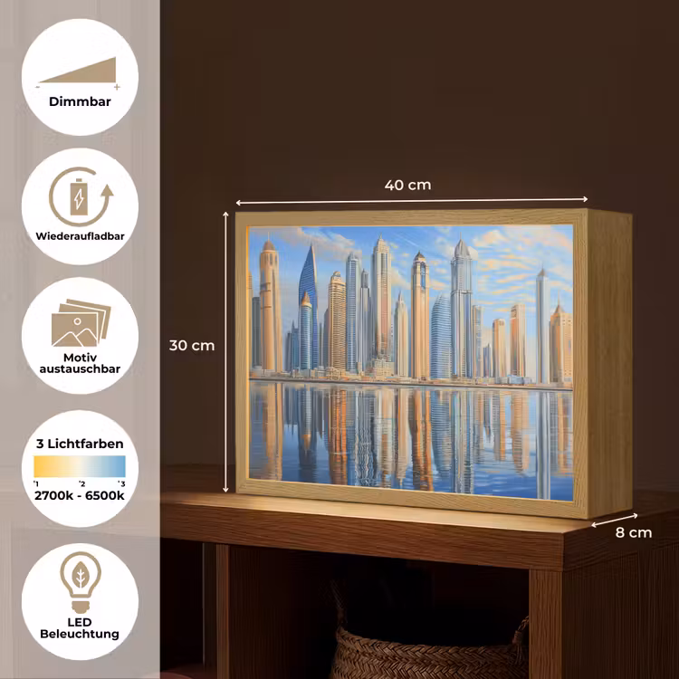 Skyline - Wolkenkrabbers - Water - Blauw Light Box met batterij (Wandlamp) middel -USP_websiteoverzichtDE