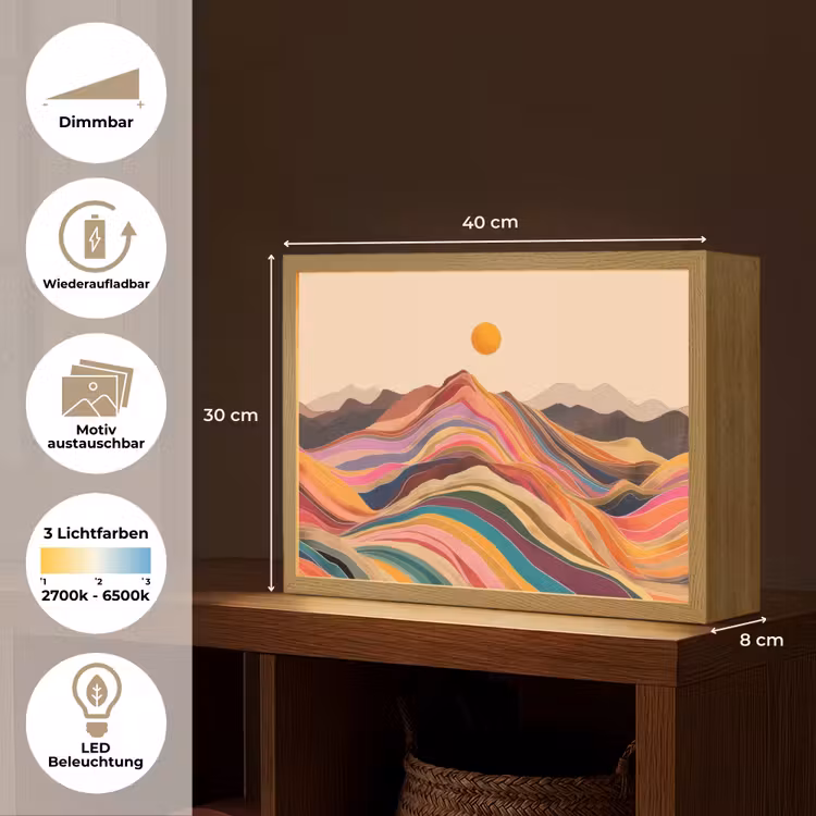 Zon - Kleurrijk landschap - Bergen Light Box met batterij (Wandlamp) middel -USP_websiteoverzichtDE