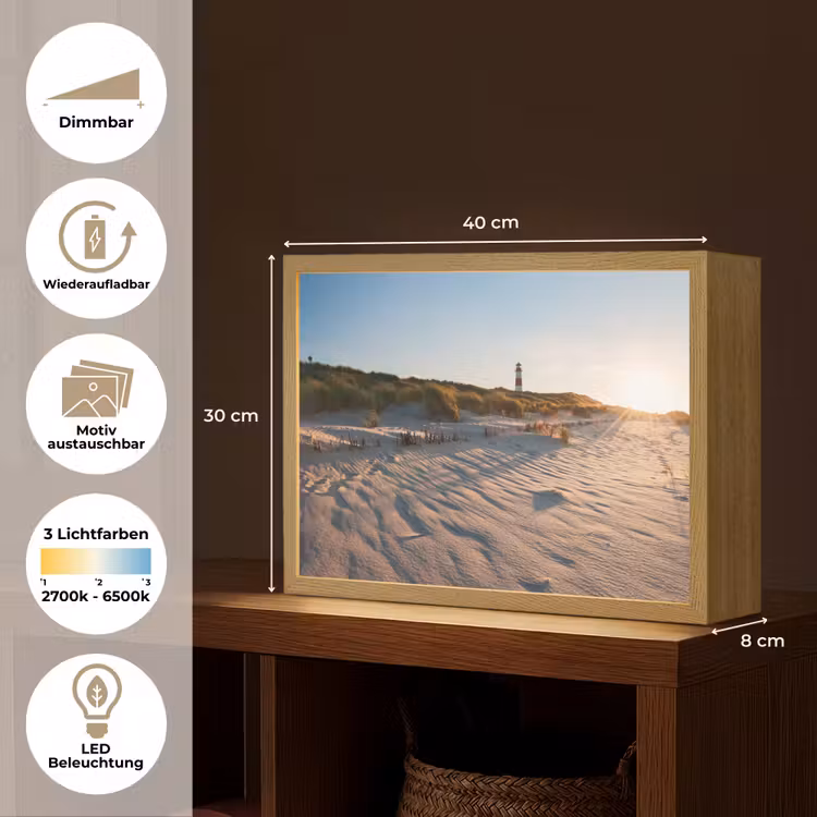 Zon - Duinen - Strand - Vuurtoren Light Box met batterij (Wandlamp) middel -USP_websiteoverzichtDE