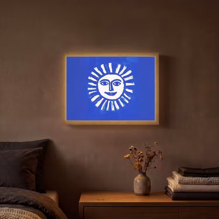Zon - Gezicht - Penseelstructuur - Blauw Light Box met batterij (Wandlamp) middel -sfeer4