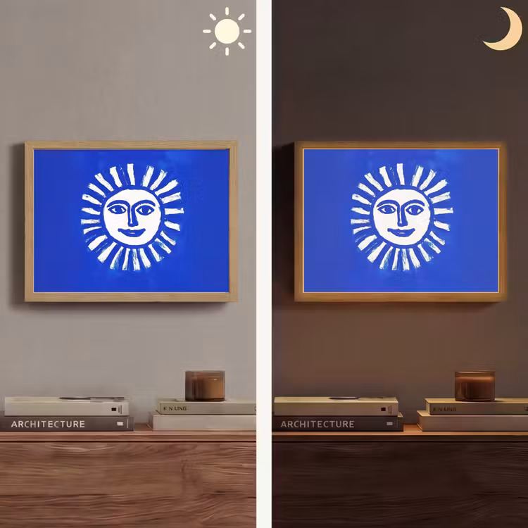Zon - Gezicht - Penseelstructuur - Blauw Light Box met batterij (Wandlamp) middel -sfeer3