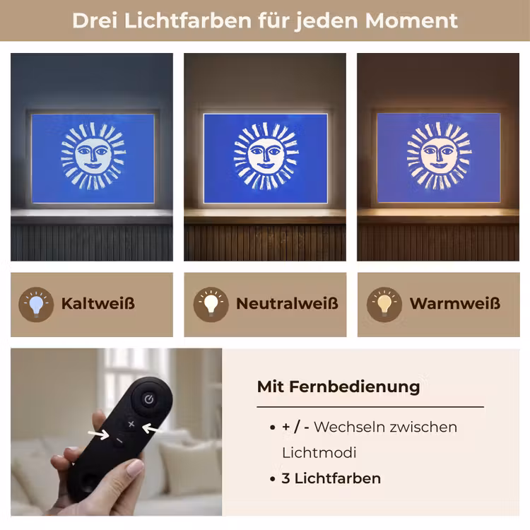 Zon - Gezicht - Penseelstructuur - Blauw Light Box met batterij (Wandlamp) middel -USP_lichtkleurDE