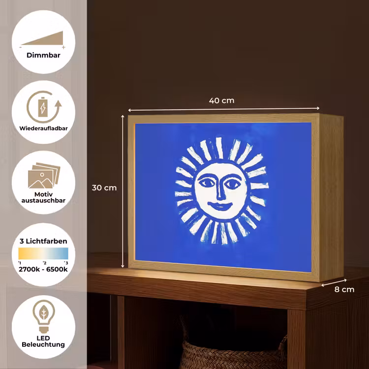 Zon - Gezicht - Penseelstructuur - Blauw Light Box met batterij (Wandlamp) middel -USP_websiteoverzichtDE