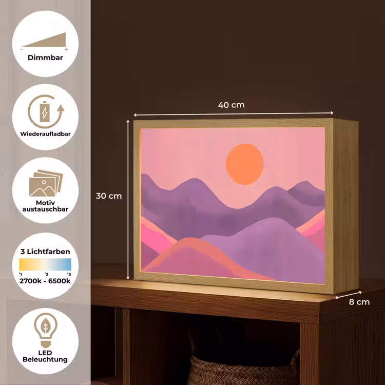 Zon - Heuvels - Paars - Abstract Light Box met batterij (Wandlamp) middel -USP_websiteoverzichtDE