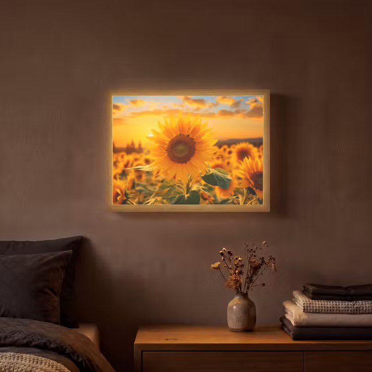 Zonnebloem - Bloemen - Geel - Bloemenveld met zonnebloemen Light Box met batterij (Wandlamp) middel -sfeer4