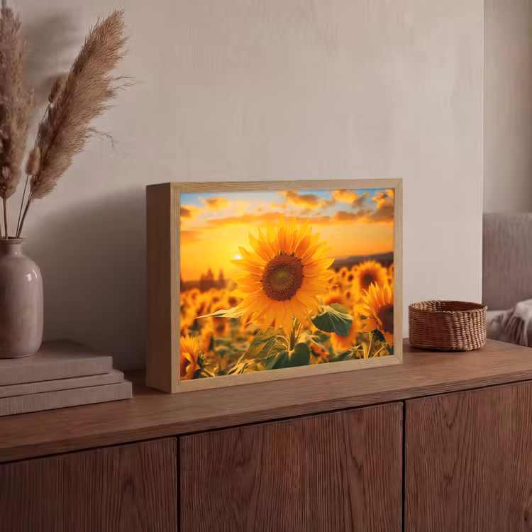 Zonnebloem - Bloemen - Geel - Bloemenveld met zonnebloemen Light Box met batterij (Wandlamp) middel -sfeer2
