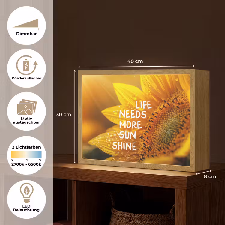 Zonnebloem - Close up - Geel - Quote Light Box met batterij (Wandlamp) middel -USP_websiteoverzichtDE