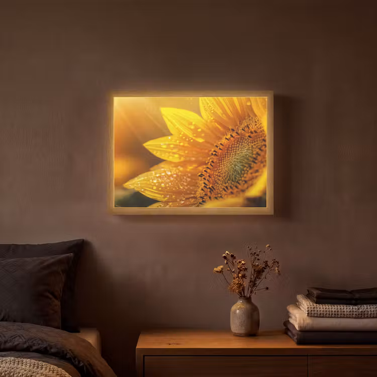Zonnebloem - Dauwdruppels - Geel - Zonlicht Light Box met batterij (Wandlamp) middel -sfeer4
