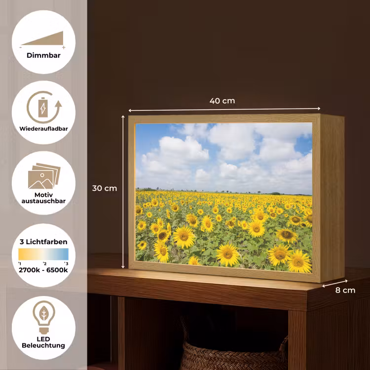 Zonnebloemen - Bloemen - Wolken - Natuur - Geel - Landschap Light Box met batterij (Wandlamp) middel -USP_websiteoverzichtDE