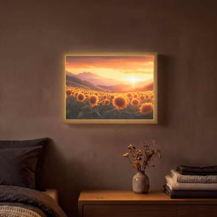 Zonnebloemen - Zonsondergang - Landschap Light Box met batterij (Wandlamp) middel -sfeer4