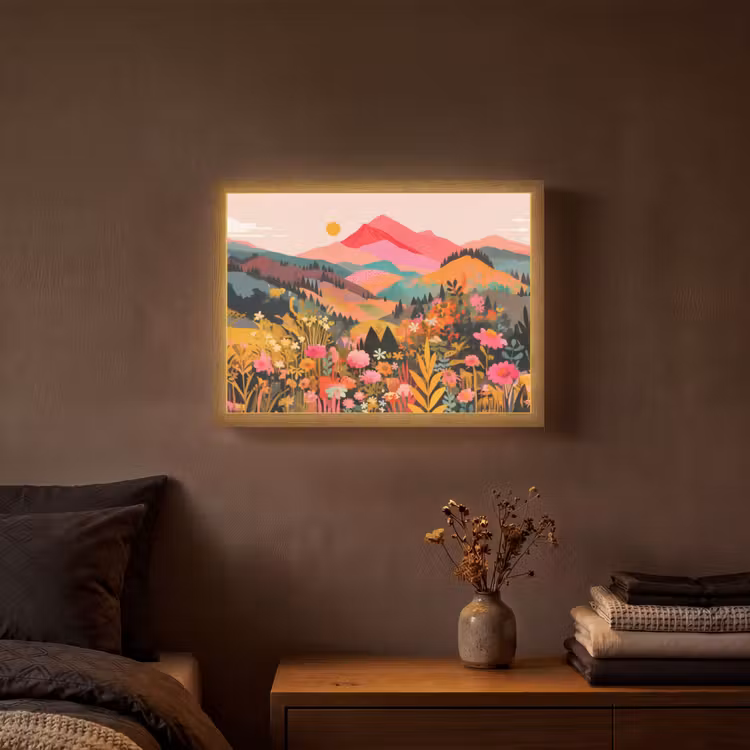 Zonsondergang - Bergvallei - Contrast Light Box met batterij (Wandlamp) middel -sfeer4
