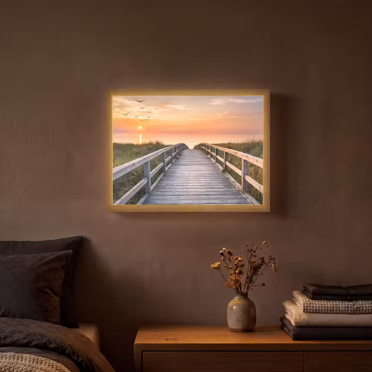 Zonsonderang - Zee - Pad - Gras - Duin - Vogels Light Box met batterij (Wandlamp) middel -sfeer4