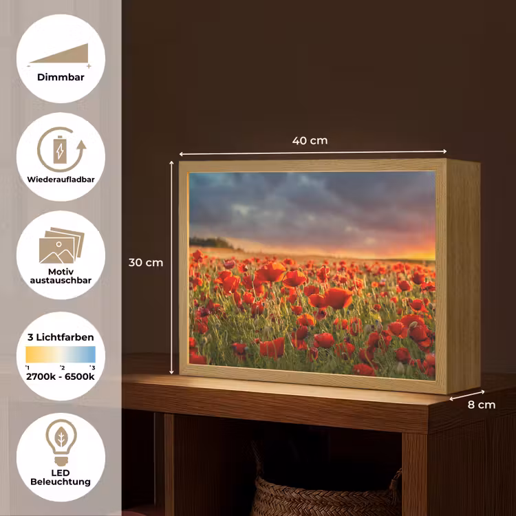 Zonsondergang - Klaprozen - Rood - Bloemen - Veld - Natuur Light Box met batterij (Wandlamp) middel -USP_websiteoverzichtDE