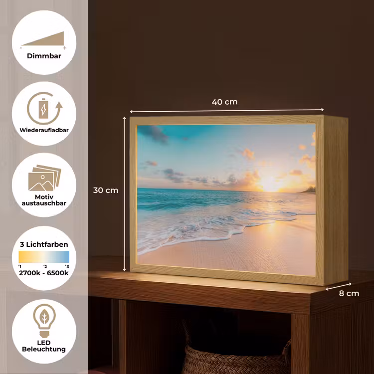 Zonsondergang - Strand - Zee - Zomer - Blauw Light Box met batterij (Wandlamp) middel -USP_websiteoverzichtDE