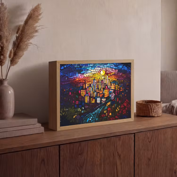 Stad - Maan - Mozaïek - Kleurrijk Light Box met batterij (Wandlamp) middel -sfeer2