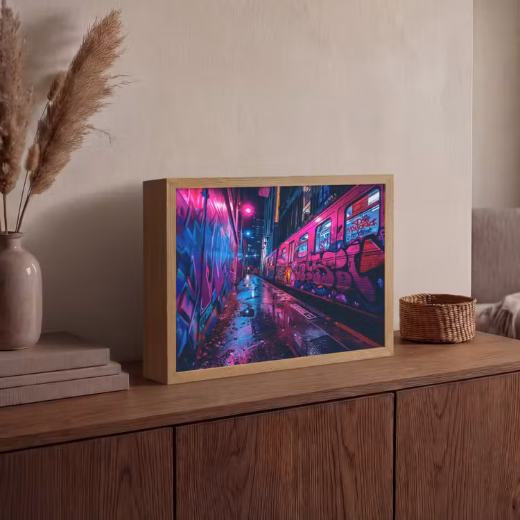 Stad - Neon - Nacht - Roze - Graffiti Light Box met batterij (Wandlamp) middel -sfeer2