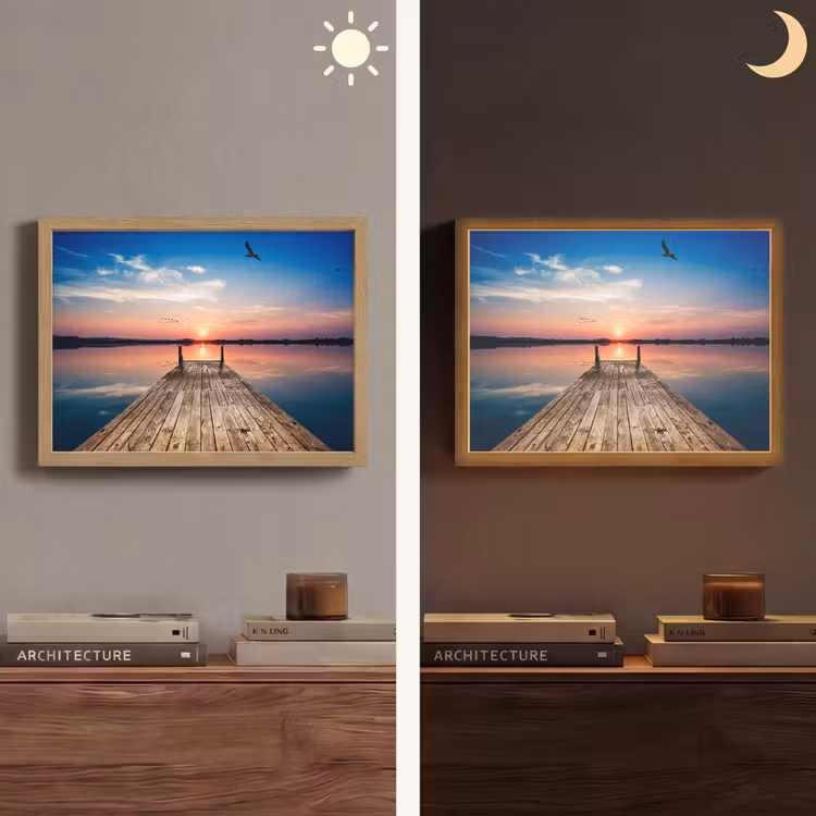 Steiger - Water - Zonsondergang - Roze - Horizon Light Box met batterij (Wandlamp) middel -sfeer3