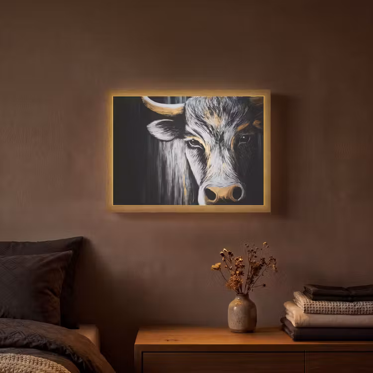 Stier - Hoorns - Snuit - Goud Light Box met batterij (Wandlamp) middel -sfeer4