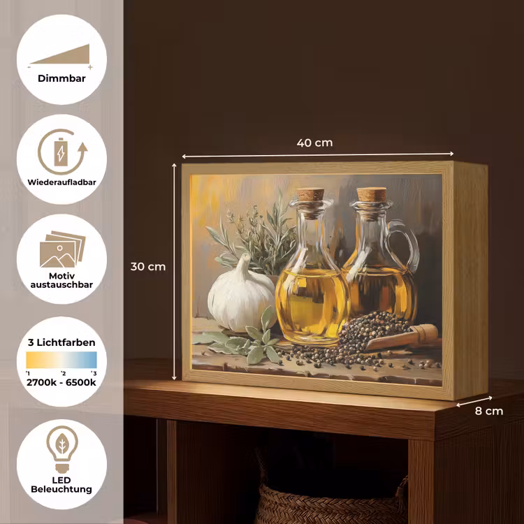Stilleven - Olijfolie - Knoflook - Kruiden Light Box met batterij (Wandlamp) middel -USP_websiteoverzichtDE