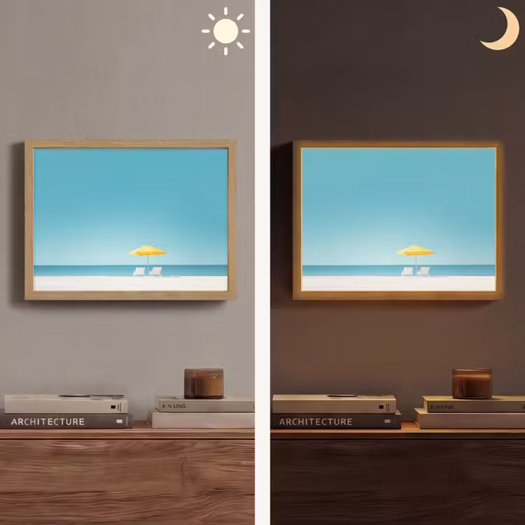 Strand - Blauwe lucht - Geel - Parasol Light Box met batterij (Wandlamp) middel -sfeer3