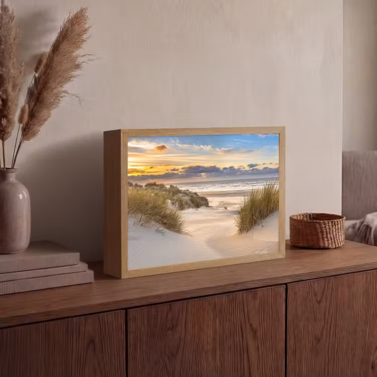 Strand - Duin - Gras - Zonsondergang - Zee Light Box met batterij (Wandlamp) middel -sfeer2