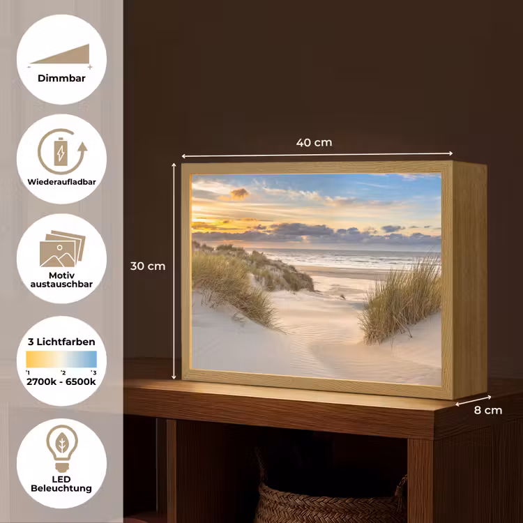 Strand - Duin - Gras - Zonsondergang - Zee Light Box met batterij (Wandlamp) middel -USP_websiteoverzichtDE