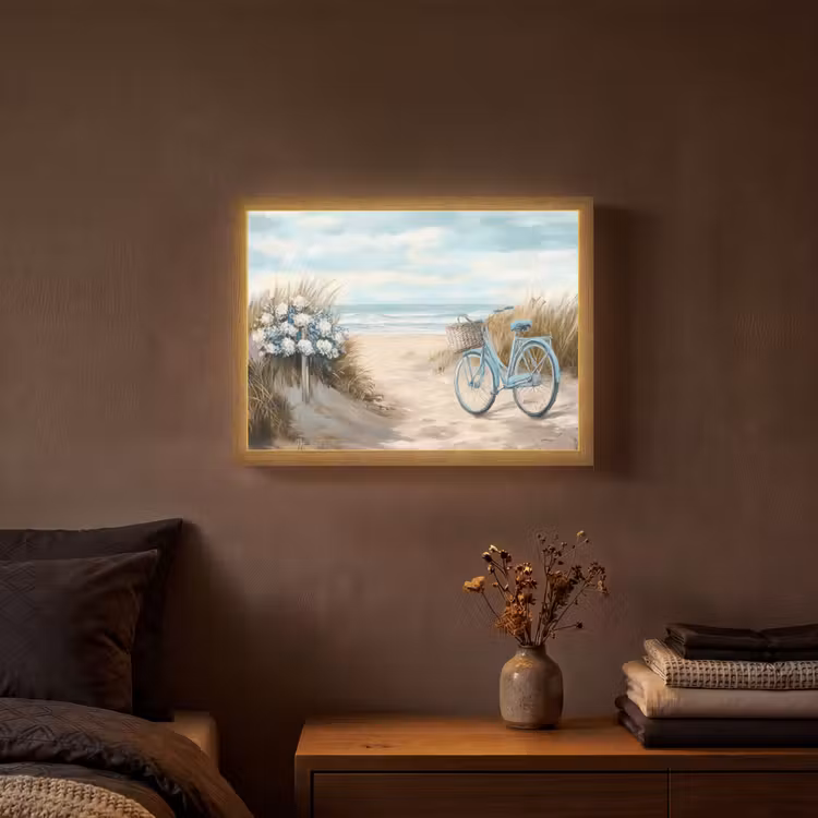Strand - Zee - Fiets - Vintage - Bloemen Light Box met batterij (Wandlamp) middel -sfeer4