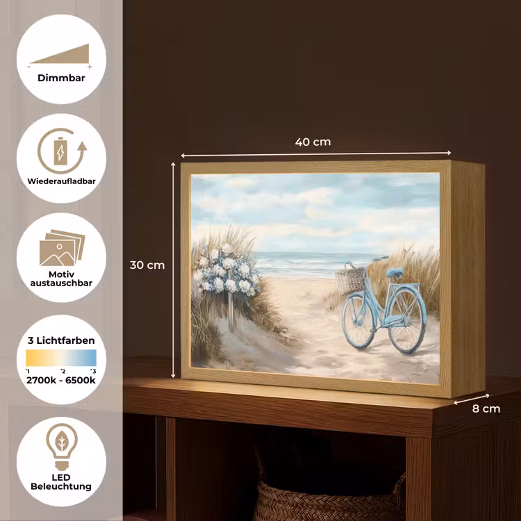 Strand - Zee - Fiets - Vintage - Bloemen Light Box met batterij (Wandlamp) middel -USP_websiteoverzichtDE