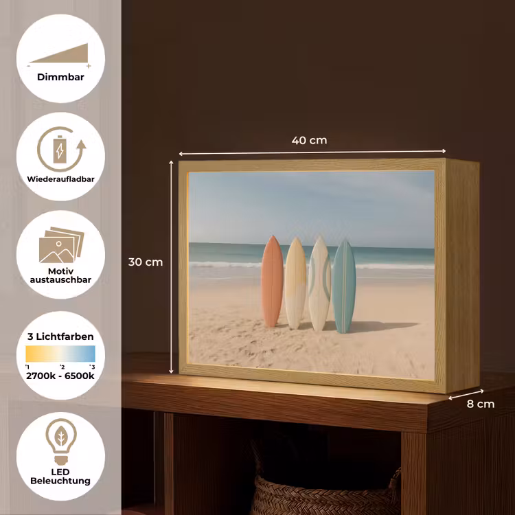 Strand - Surfbord - Pastel Light Box met batterij (Wandlamp) middel -USP_websiteoverzichtDE