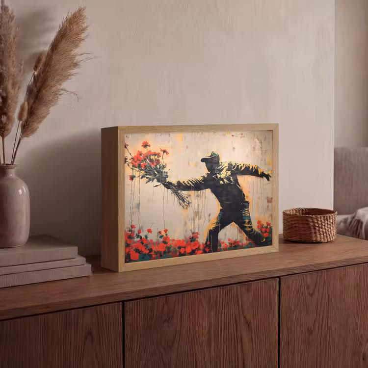 Street art - Man - Bloemen - Graffiti - Banksy Style Light Box met batterij (Wandlamp) middel -sfeer2