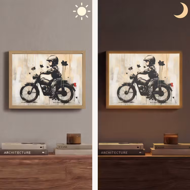Street art - Motor - Jongen - Graffiti - Banksy Style Light Box met batterij (Wandlamp) middel -sfeer3