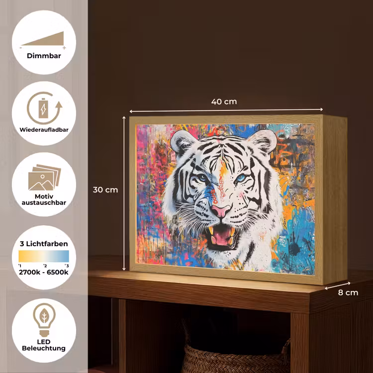 Street art - Tijger - Wit - Graffiti - Dieren Light Box met batterij (Wandlamp) middel -USP_websiteoverzichtDE