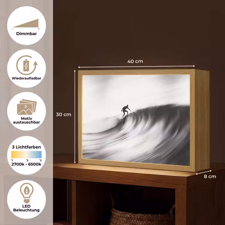Surfer - Golf - Vervaagd - Zwart Light Box met batterij (Wandlamp) middel -USP_websiteoverzichtDE