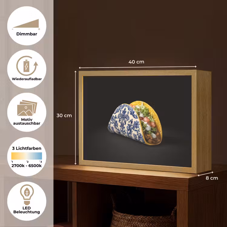 Taco - Vlees - Salade - Delftsblauw - Motief Light Box met batterij (Wandlamp) middel -USP_websiteoverzichtDE