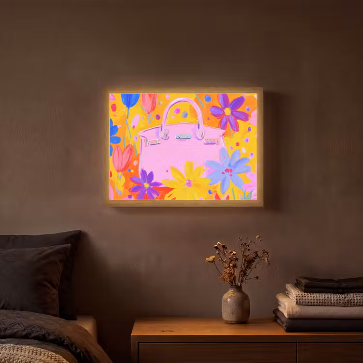 Tas - Roze - Bloemen Light Box met batterij (Wandlamp) middel -sfeer4